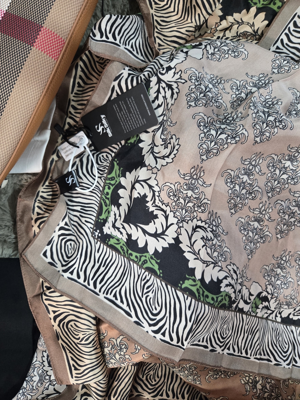 NEW SilkSilky Brown Floral & Zebra Print 100% Silk Square Scarf